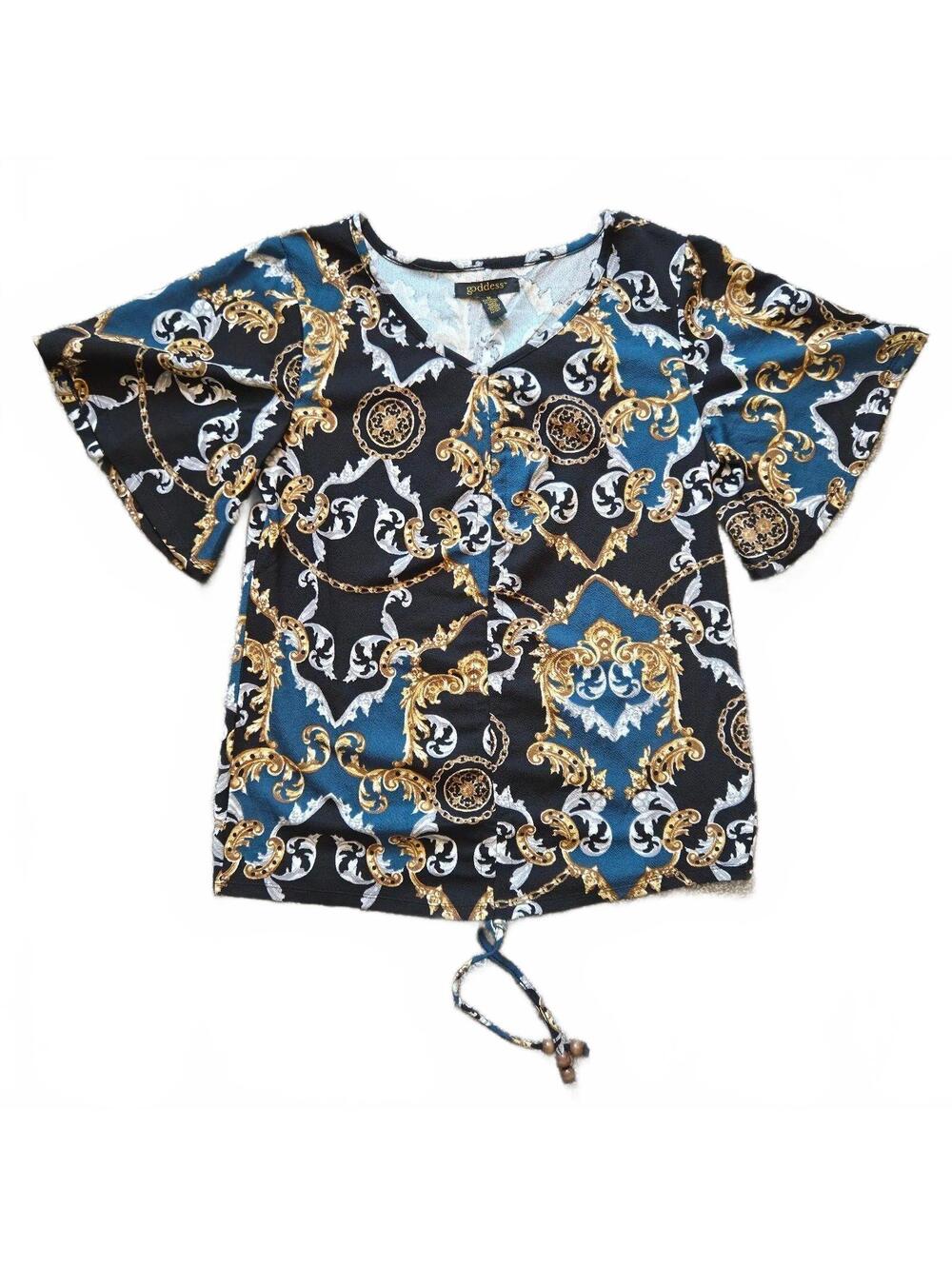 Goddess Medium Black Blue Gold Printed Top with Bell Sleeves and Drawstring